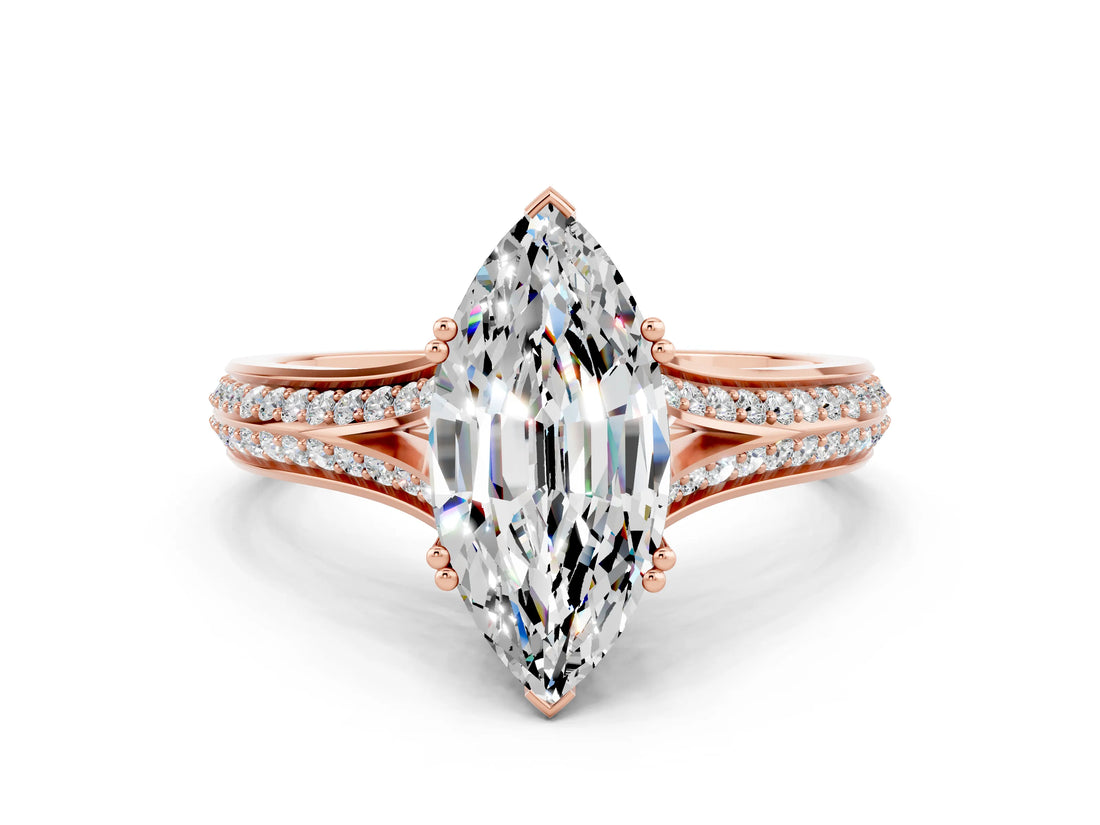 Rose gold Marquise Cut Moissanite Split Shank Engagement Ring with Pavé Band
