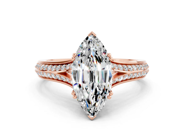 Rose gold Marquise Cut Moissanite Split Shank Engagement Ring with Pavé Band