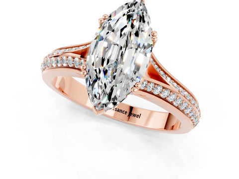 Rose gold Marquise Cut Moissanite Split Shank Engagement Ring with Pavé Band_1