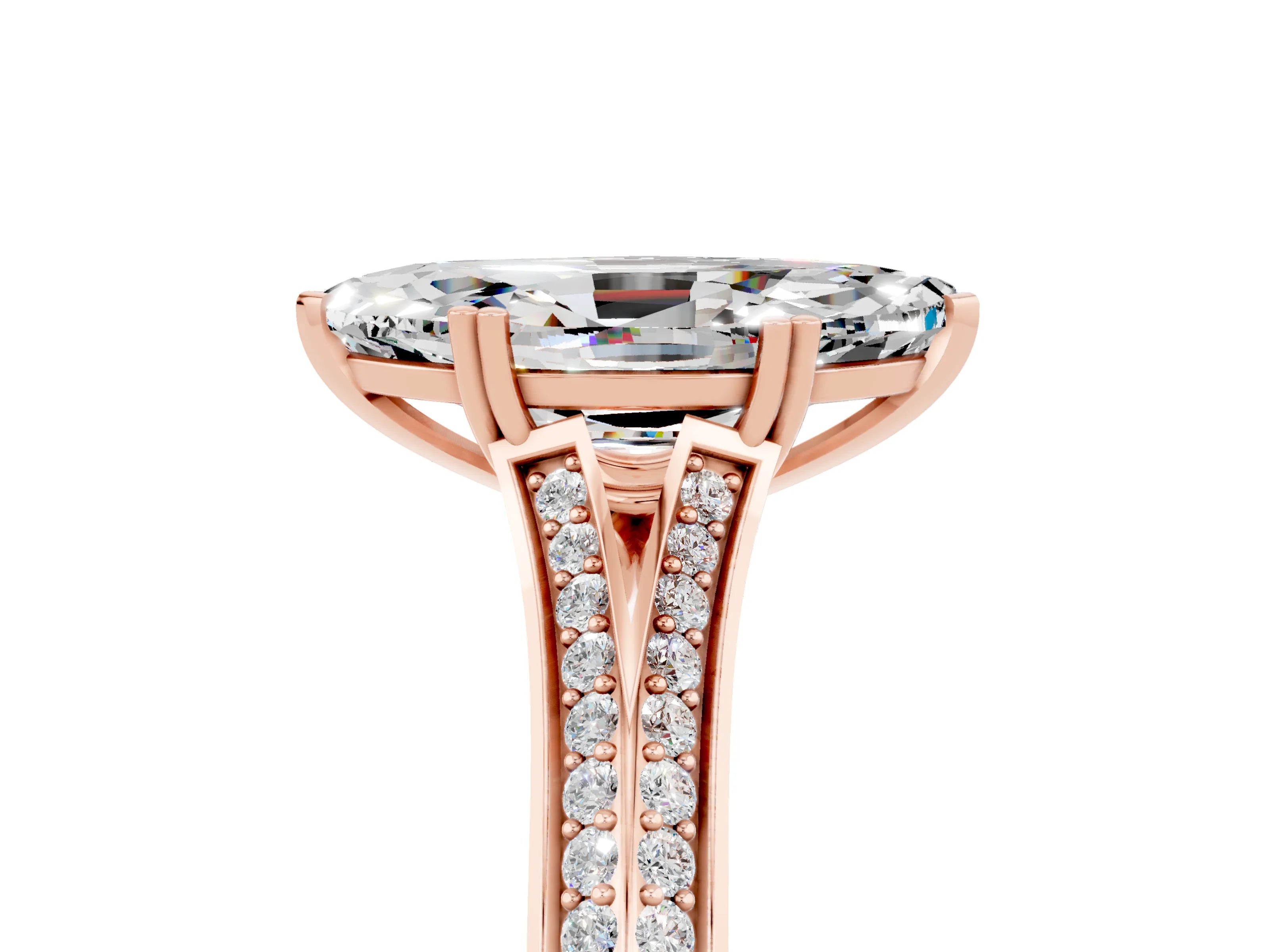 Rose gold Marquise Cut Moissanite Split Shank Engagement Ring with Pavé Band_5