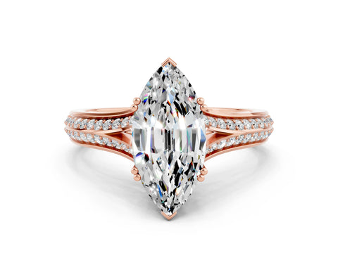 Rose gold Marquise Cut Moissanite Split Shank Engagement Ring with Pavé Band