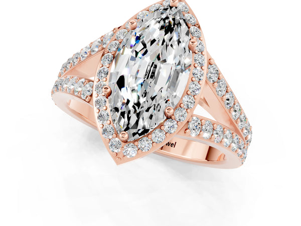 Rose gold Marquise Cut Moissanite Split Shank Halo Ring with Four-Prong Setting