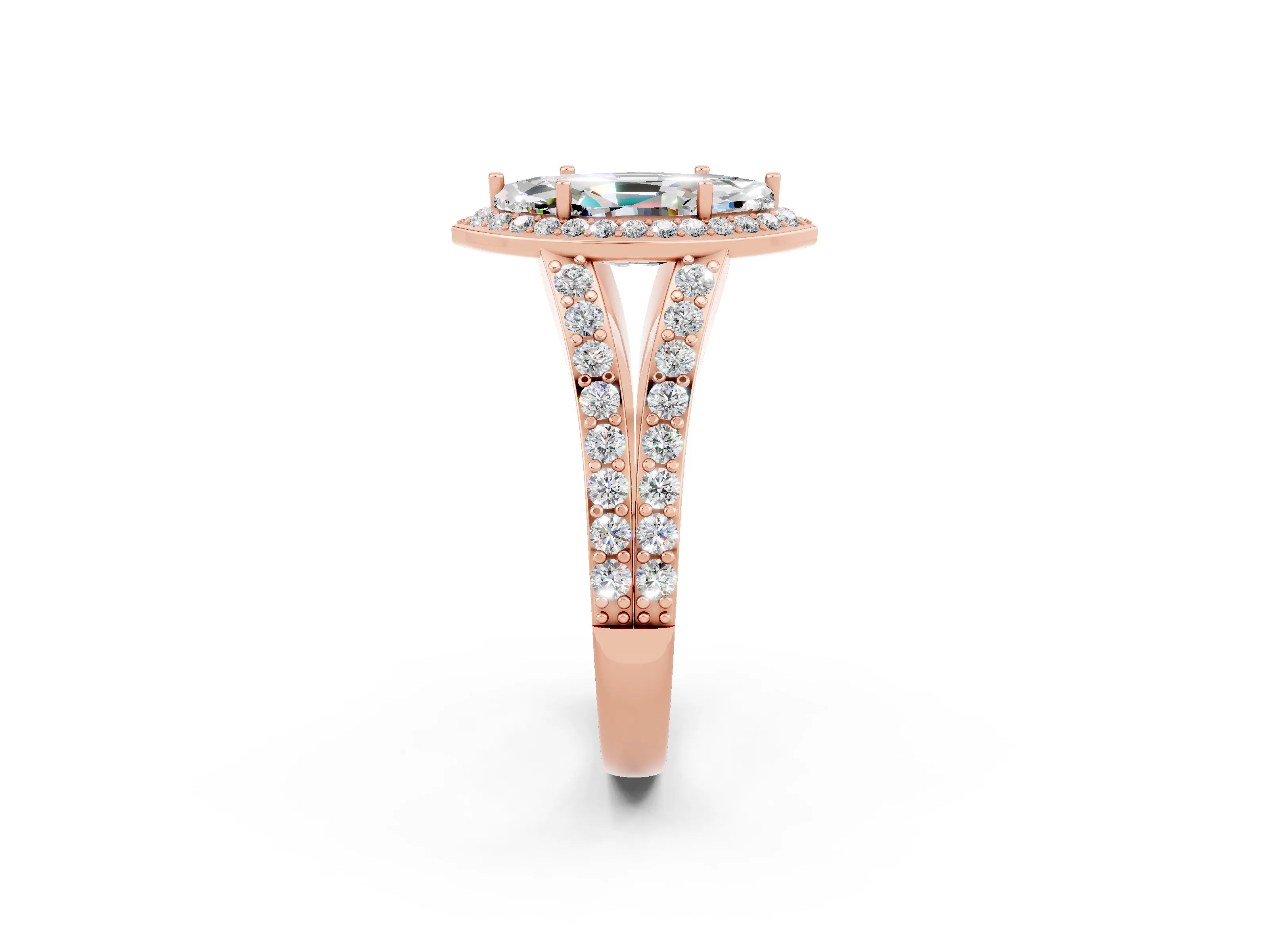 Rose gold Marquise Cut Moissanite Split Shank Halo Ring with Four-Prong Setting_14