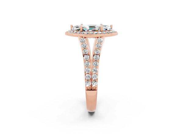 Rose gold Marquise Cut Moissanite Split Shank Halo Ring with Four-Prong Setting