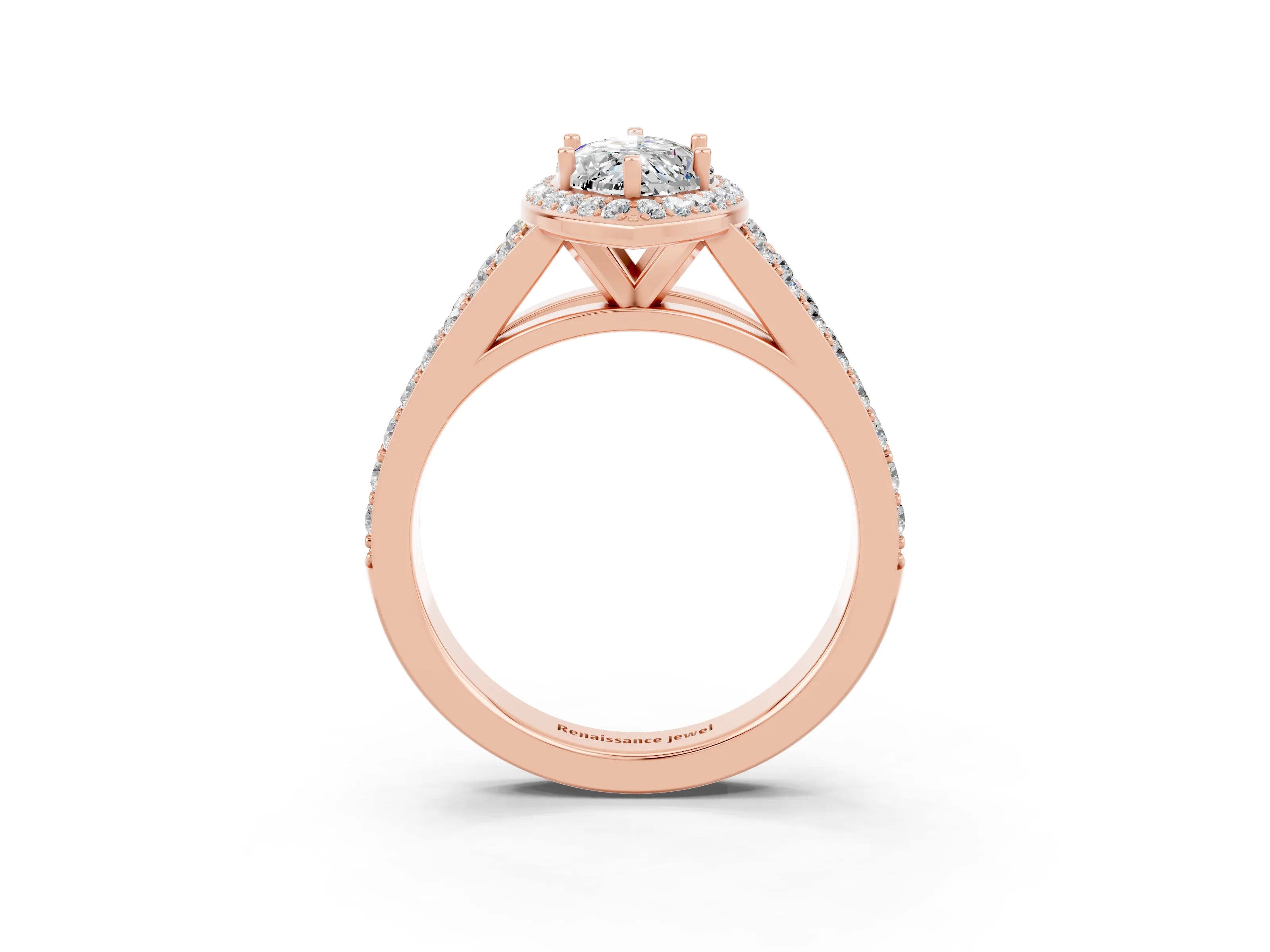 Rose gold Marquise Cut Moissanite Split Shank Halo Ring with Four-Prong Setting_15