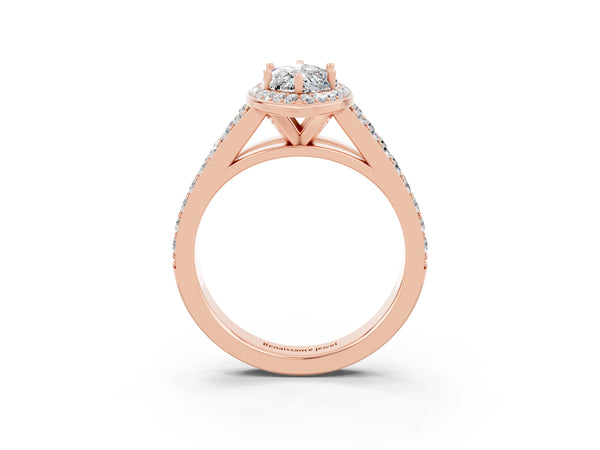 Rose gold Marquise Cut Moissanite Split Shank Halo Ring with Four-Prong Setting