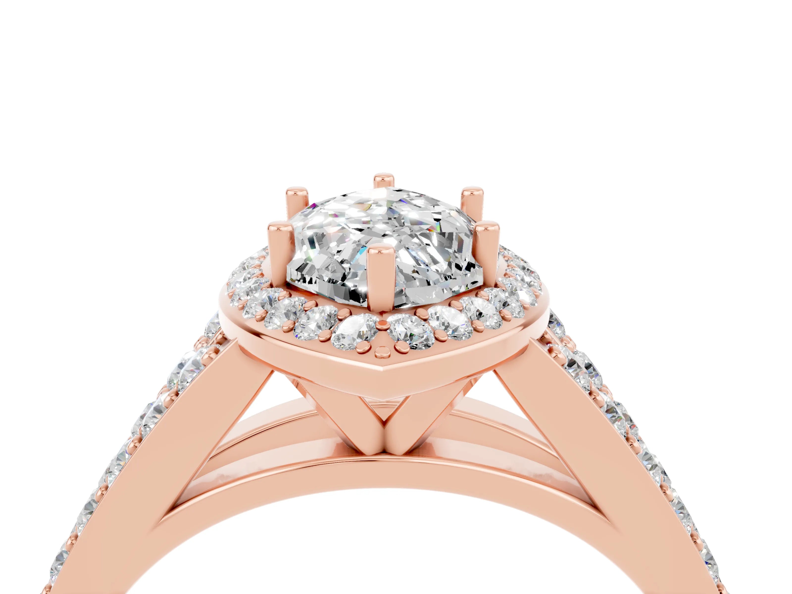 Rose gold Marquise Cut Moissanite Split Shank Halo Ring with Four-Prong Setting_16