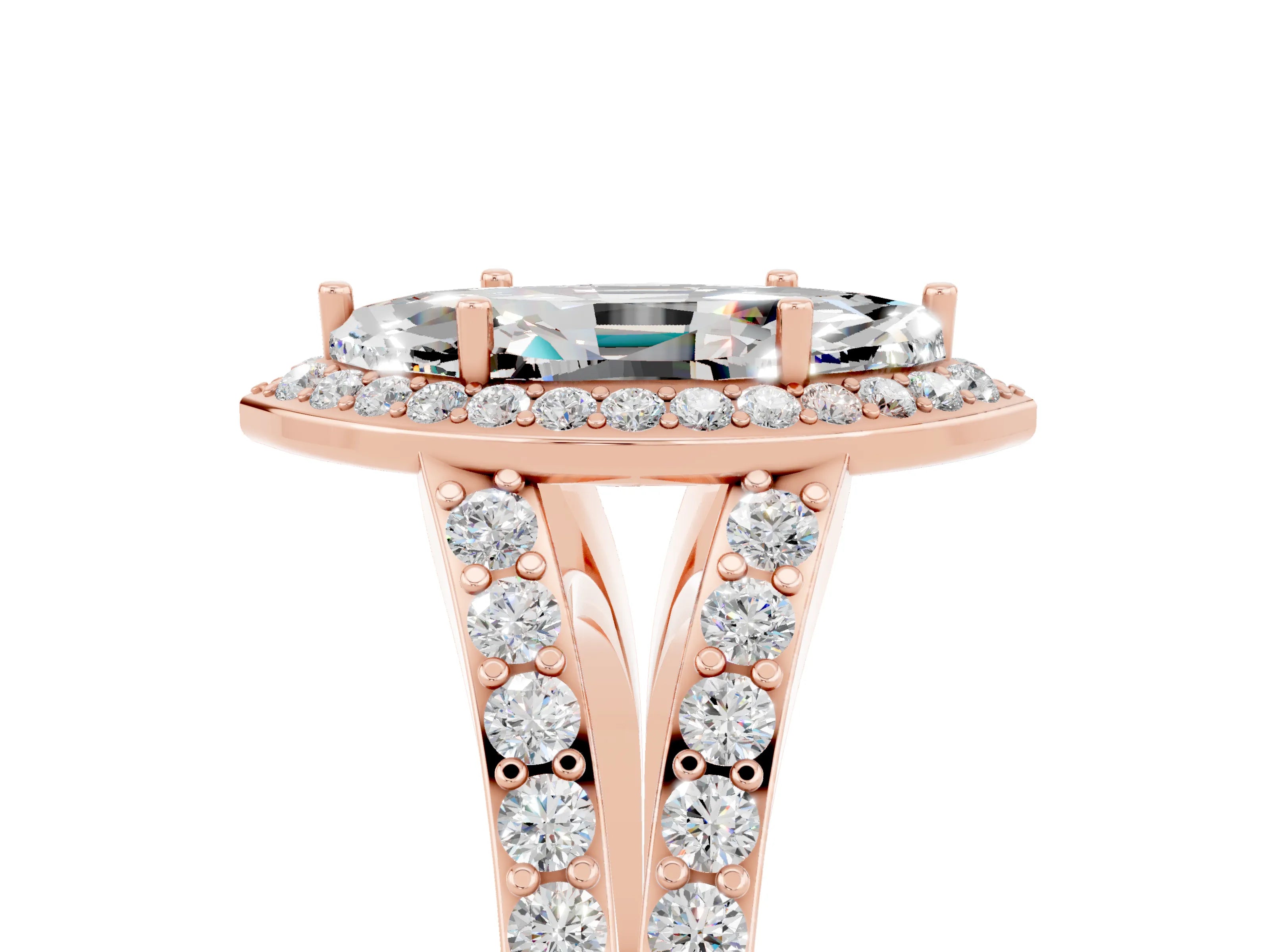 Rose gold Marquise Cut Moissanite Split Shank Halo Ring with Four-Prong Setting_17