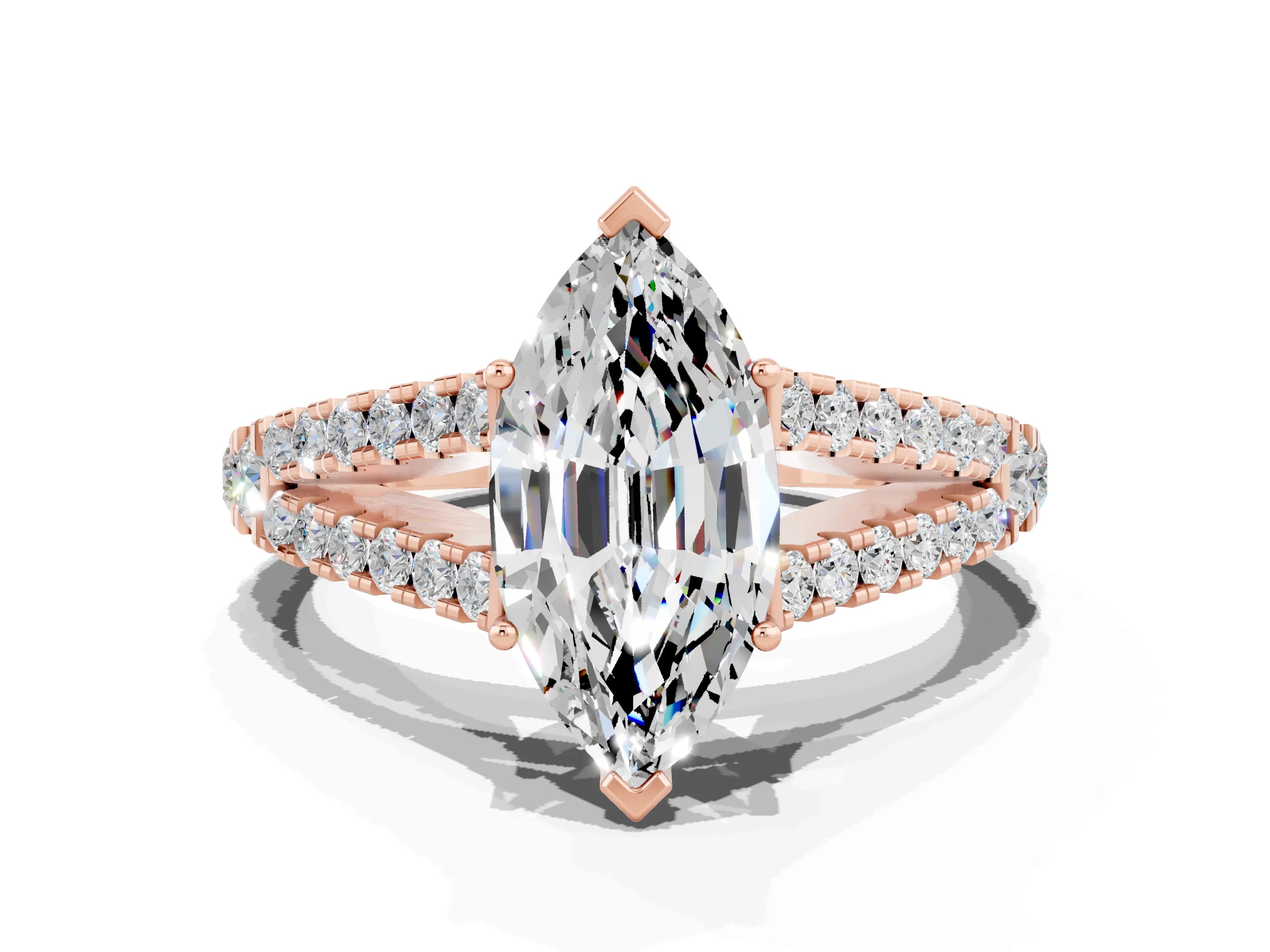 Rose gold Marquise Cut Moissanite Split Shank Pavé Engagement Ring with Four-Prong Setting_12