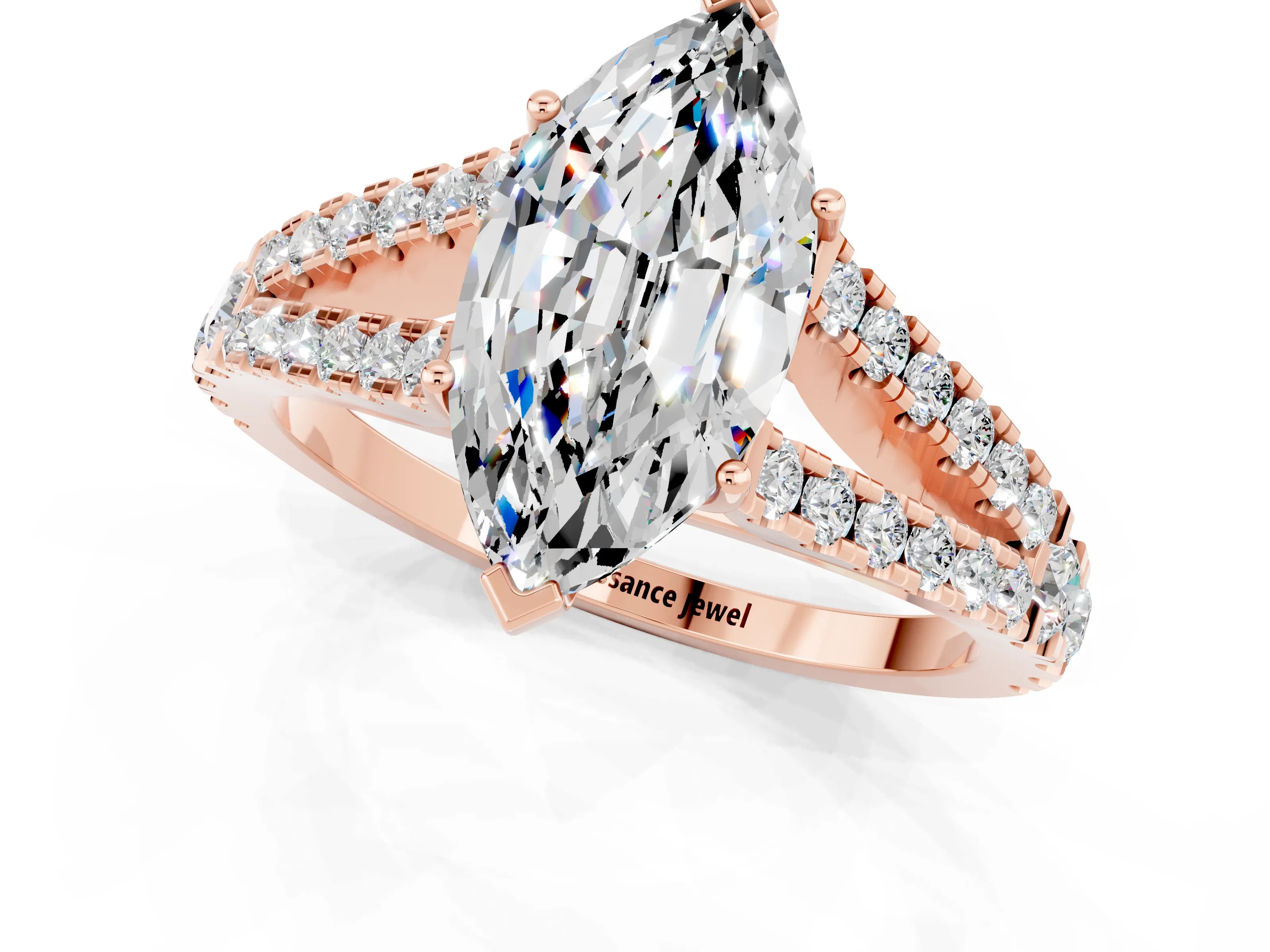 Rose gold Marquise Cut Moissanite Split Shank Pavé Engagement Ring with Four-Prong Setting_13