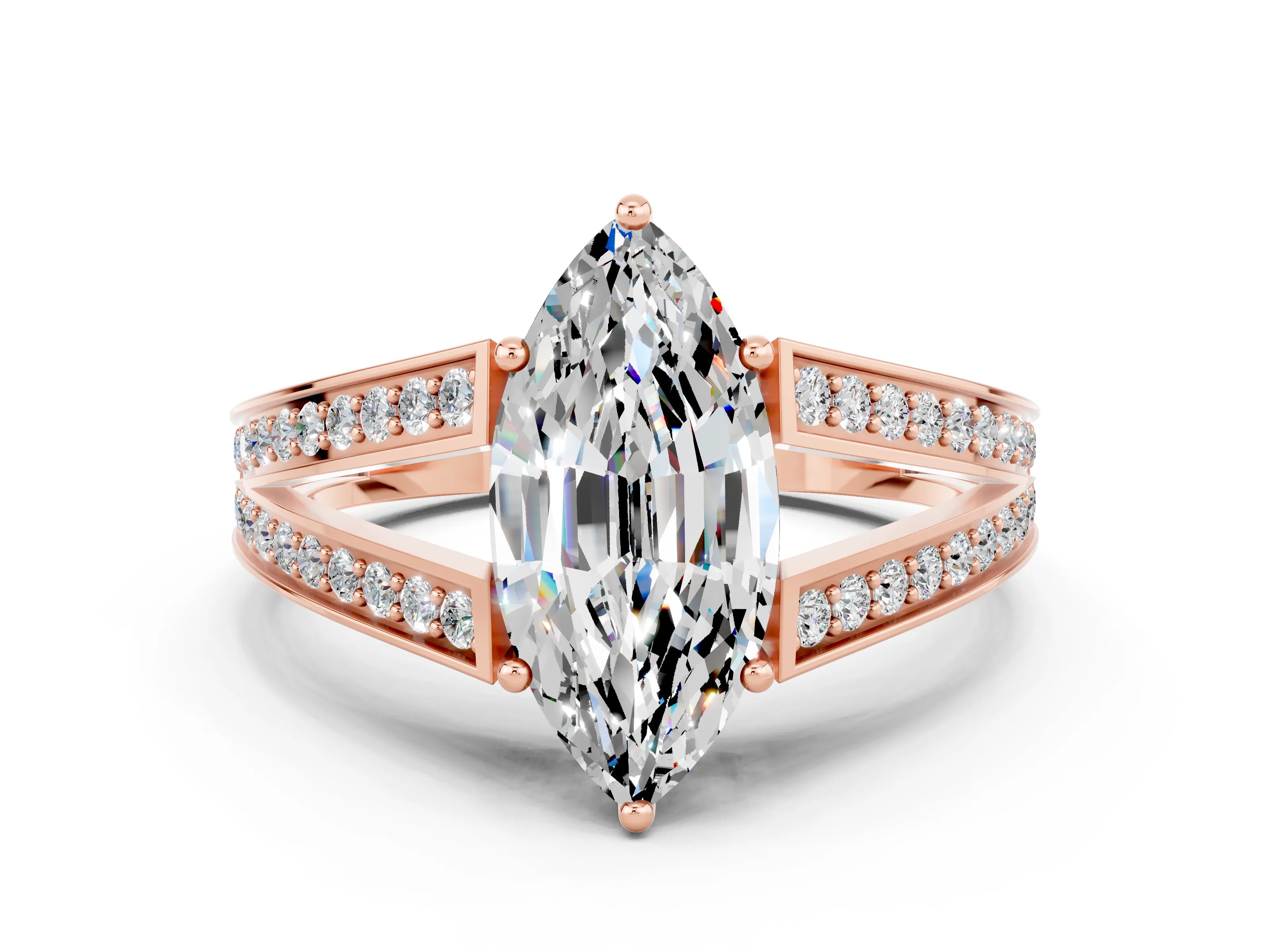 Rose gold Marquise Cut Moissanite Split Shank Ring with Pavé Band and Four-Prong Setting