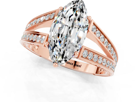 Rose gold Marquise Cut Moissanite Split Shank Ring with Pavé Band and Four-Prong Setting_1