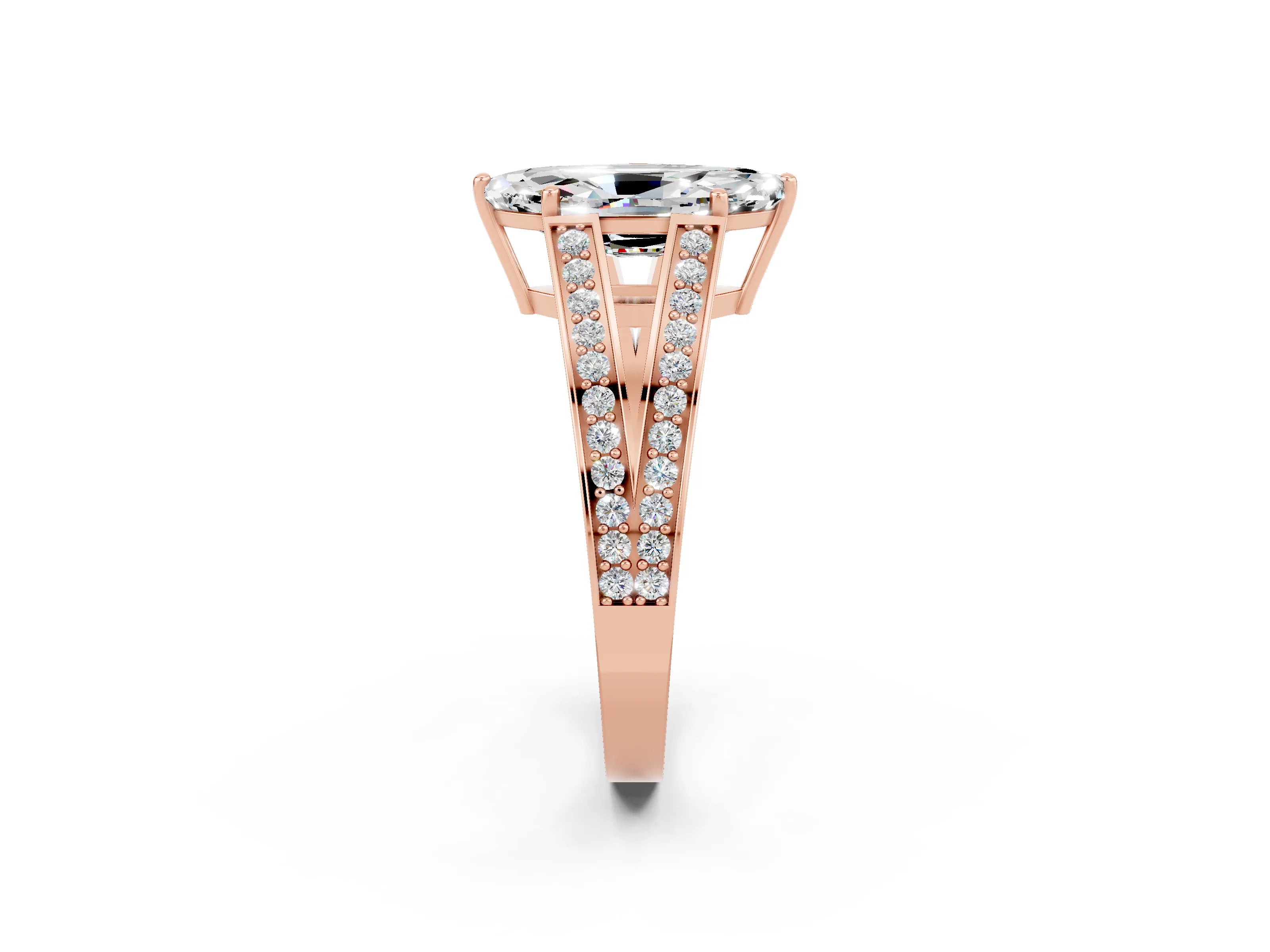 Rose gold Marquise Cut Moissanite Split Shank Ring with Pavé Band and Four-Prong Setting_2