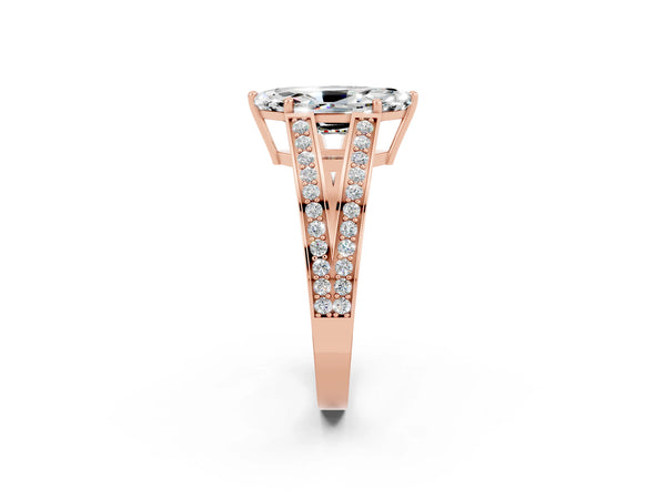 Rose gold Marquise Cut Moissanite Split Shank Ring with Pavé Band and Four-Prong Setting