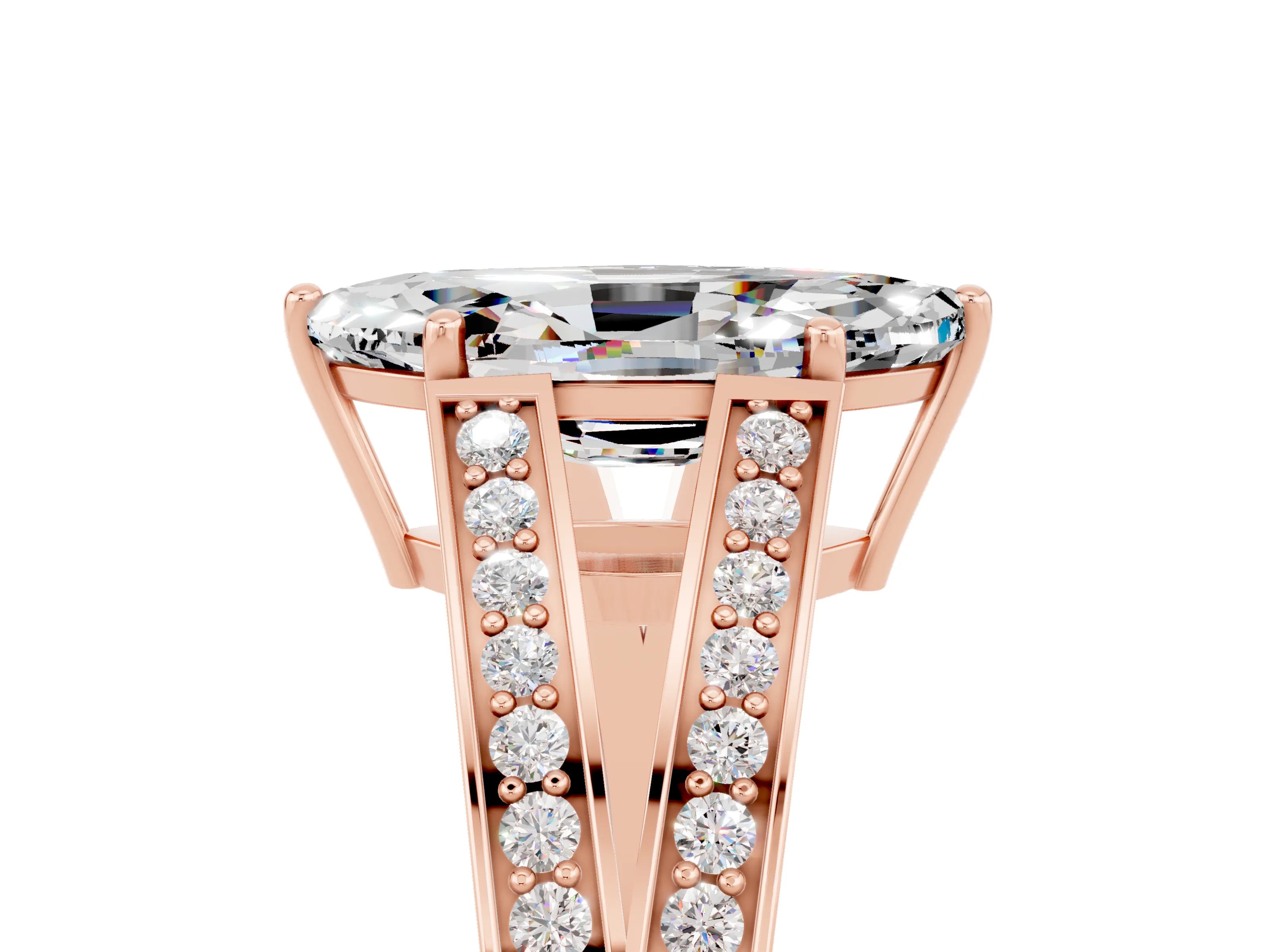 Rose gold Marquise Cut Moissanite Split Shank Ring with Pavé Band and Four-Prong Setting_5