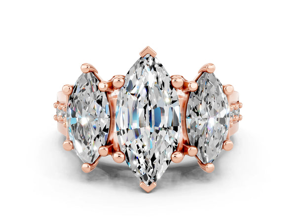 Rose gold Marquise Cut Moissanite Three-Stone Ring with Channel Set Band and Four-Prong Setting