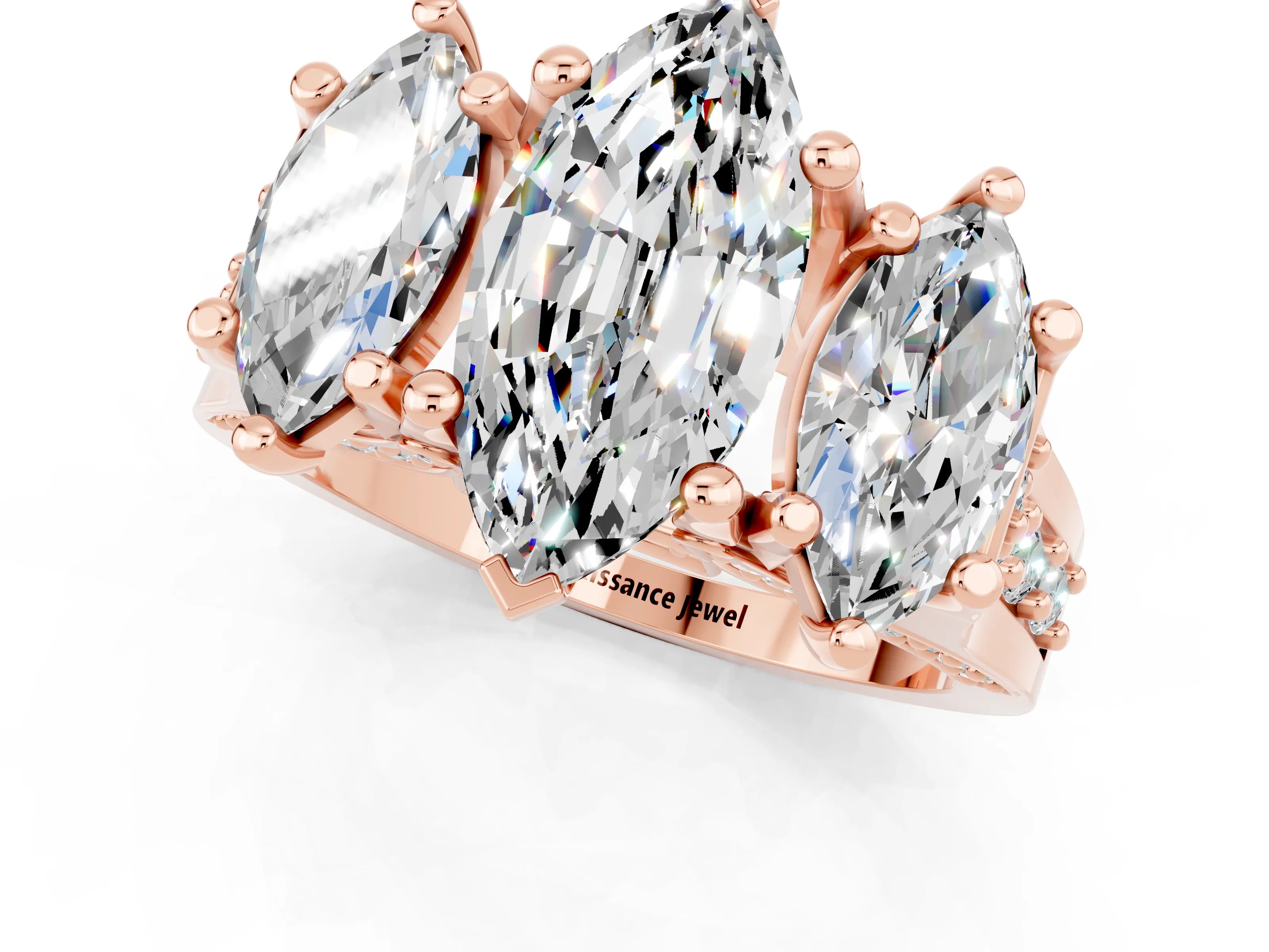 Rose gold Marquise Cut Moissanite Three-Stone Ring with Channel Set Band and Four-Prong Setting_1