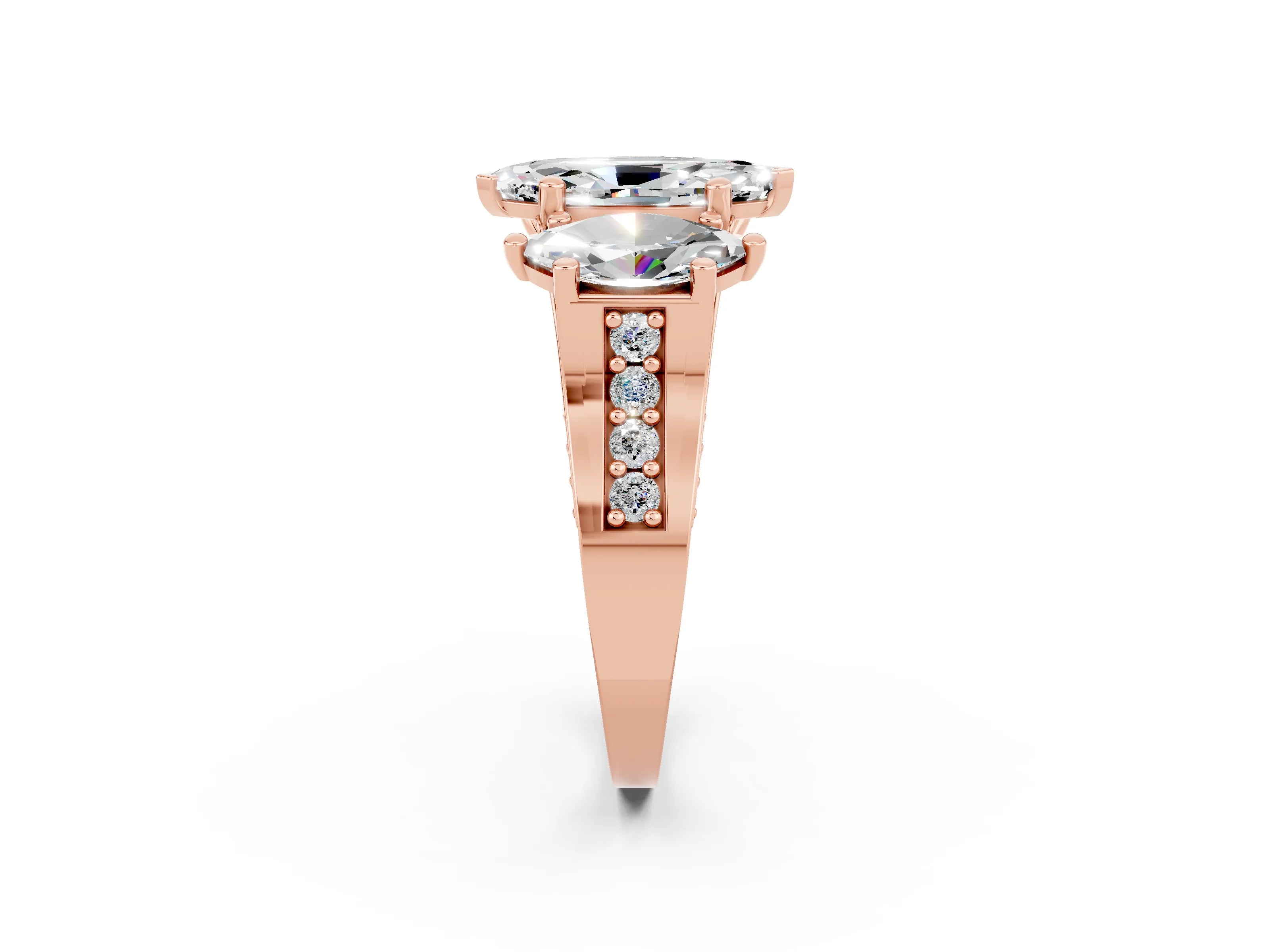 Rose gold Marquise Cut Moissanite Three-Stone Ring with Channel Set Band and Four-Prong Setting_2