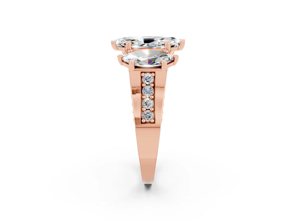 Rose gold Marquise Cut Moissanite Three-Stone Ring with Channel Set Band and Four-Prong Setting