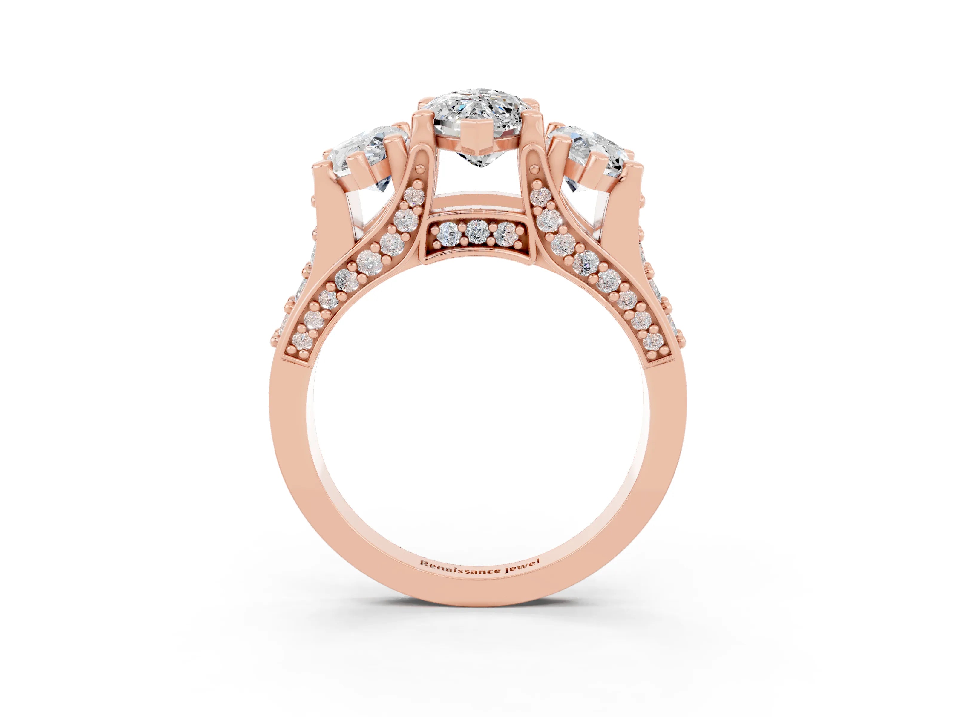 Rose gold Marquise Cut Moissanite Three-Stone Ring with Channel Set Band and Four-Prong Setting_3
