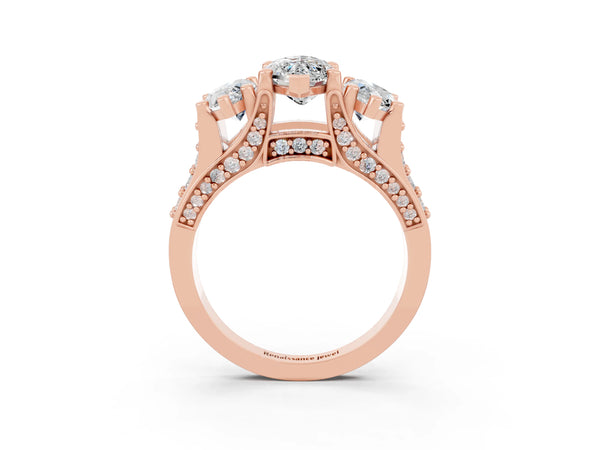 Rose gold Marquise Cut Moissanite Three-Stone Ring with Channel Set Band and Four-Prong Setting