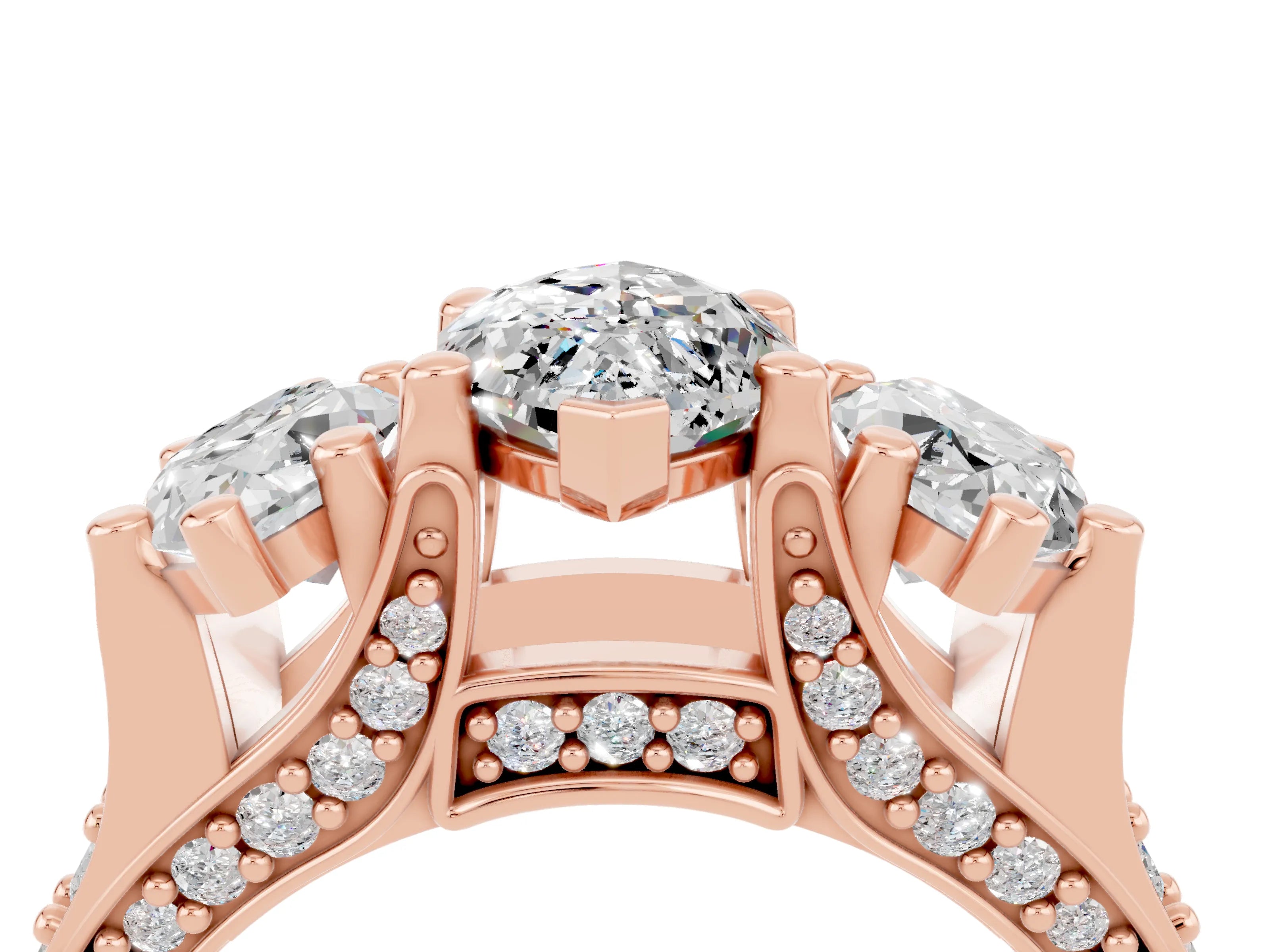 Rose gold Marquise Cut Moissanite Three-Stone Ring with Channel Set Band and Four-Prong Setting_4