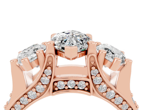 Rose gold Marquise Cut Moissanite Three-Stone Ring with Channel Set Band and Four-Prong Setting_4