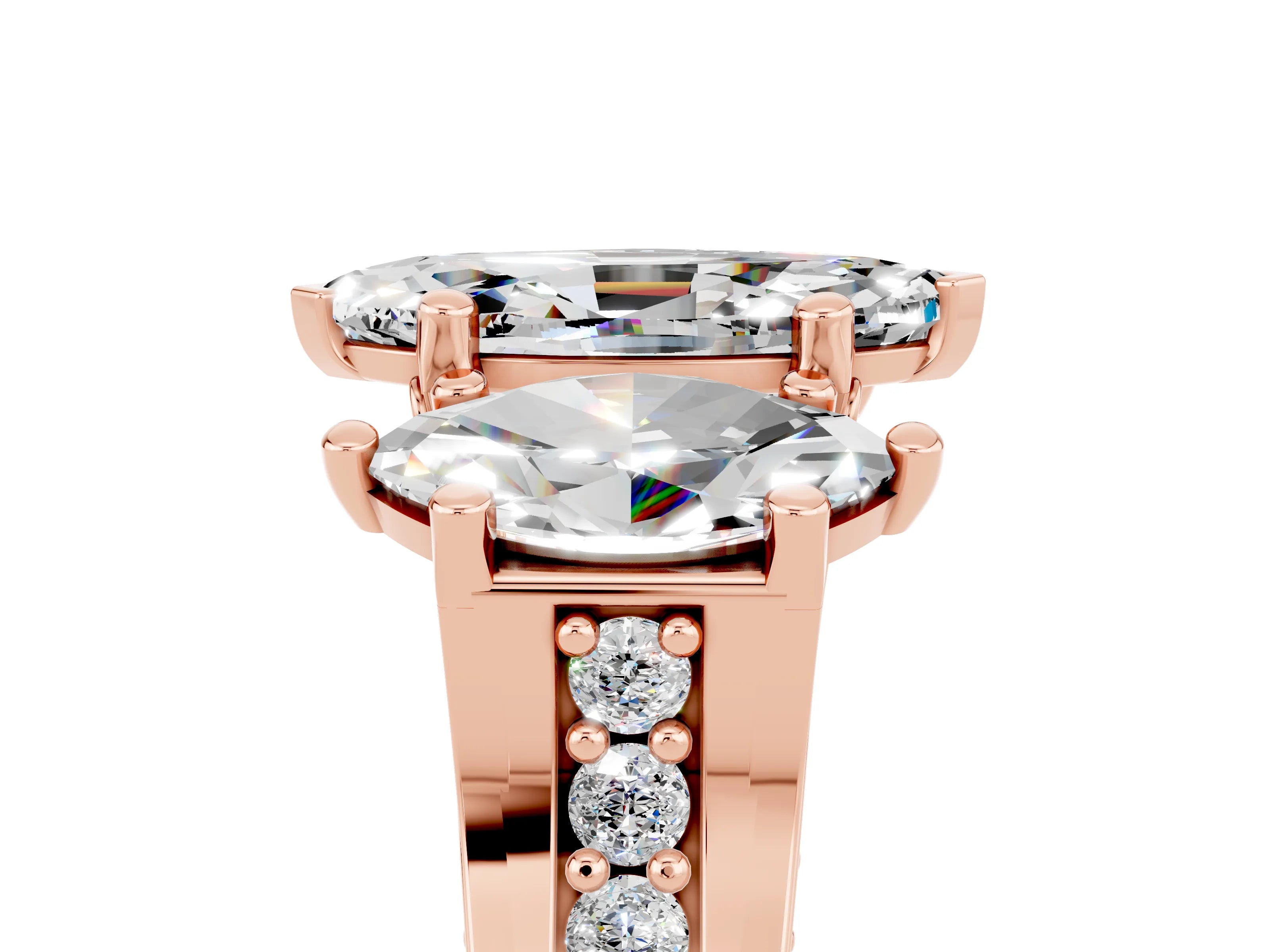 Rose gold Marquise Cut Moissanite Three-Stone Ring with Channel Set Band and Four-Prong Setting_5