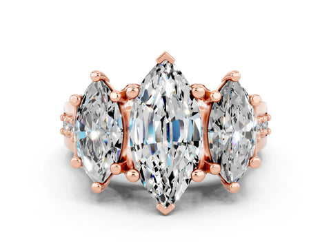 Rose gold Marquise Cut Moissanite Three-Stone Ring with Channel Set Band and Four-Prong Setting