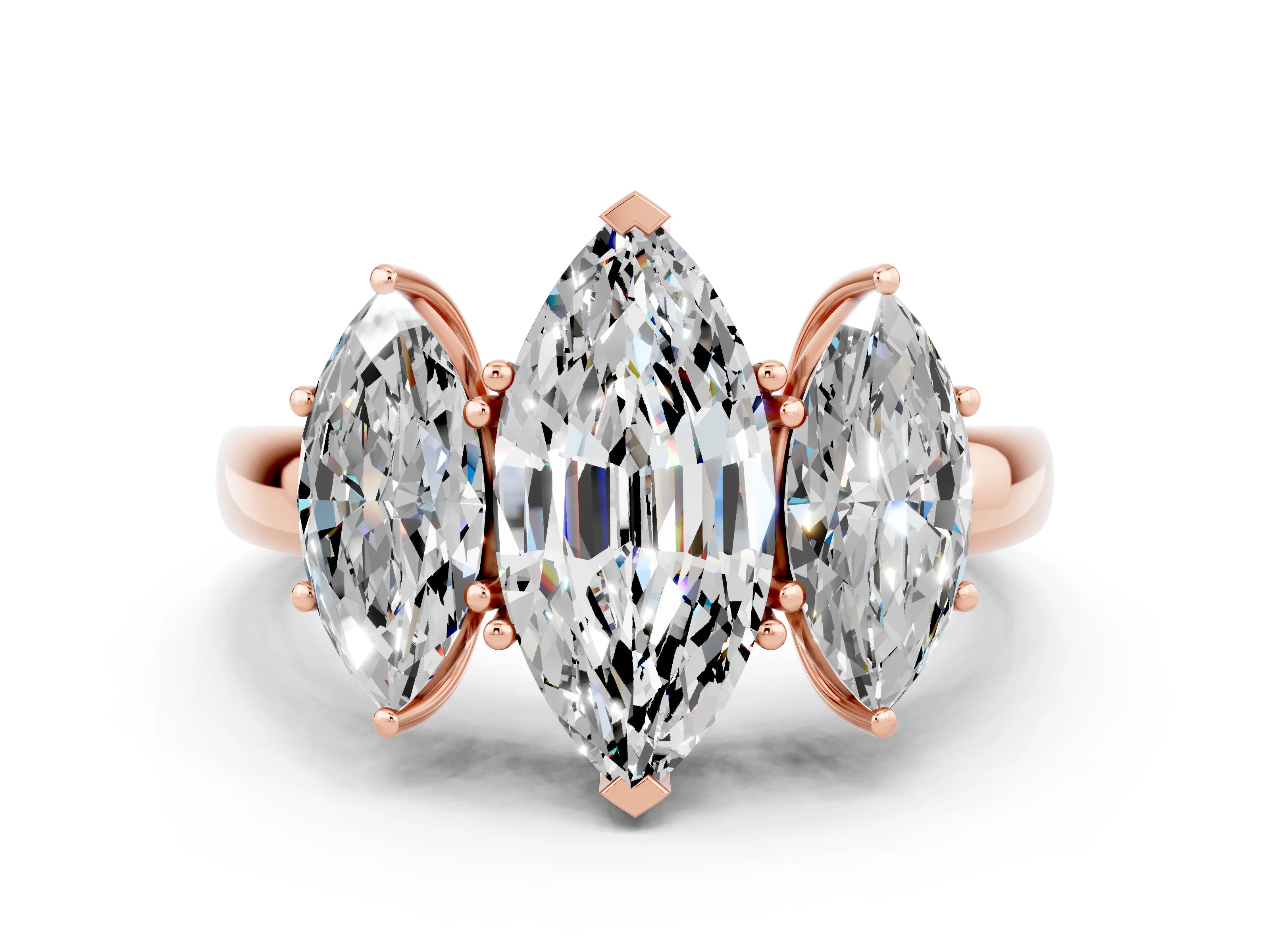 Rose gold Marquise Cut Moissanite Three-Stone Ring with Four-Prong Setting and Classic Band