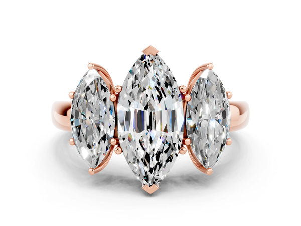 Rose gold Marquise Cut Moissanite Three-Stone Ring with Four-Prong Setting and Classic Band