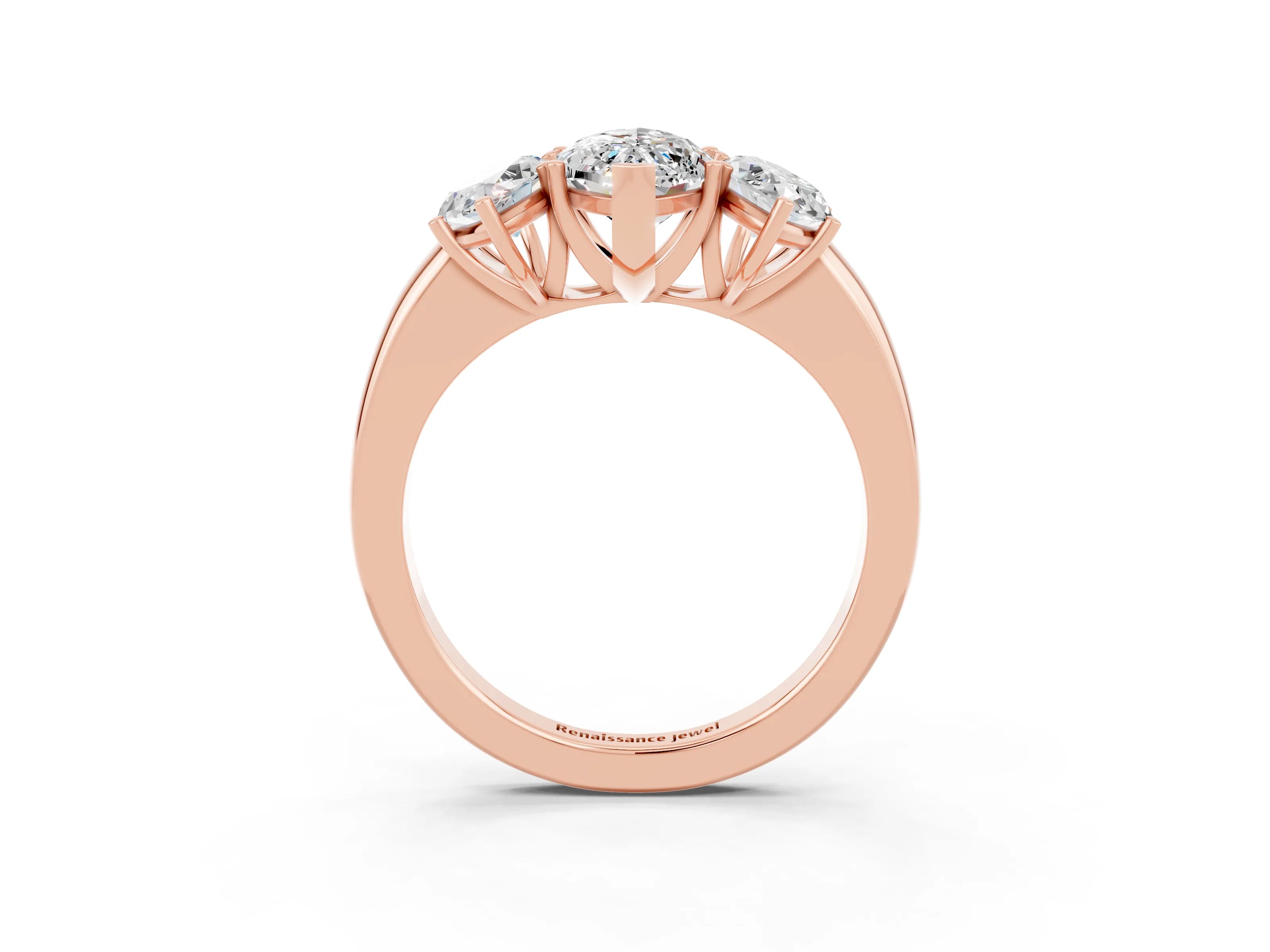 Rose gold Marquise Cut Moissanite Three-Stone Ring with Four-Prong Setting and Classic Band_3