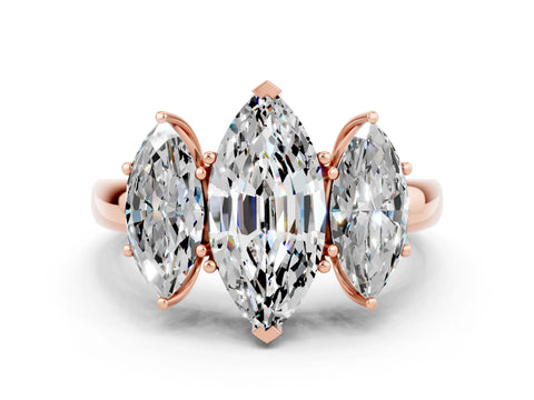 Rose gold Marquise Cut Moissanite Three-Stone Ring with Four-Prong Setting and Classic Band
