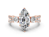 Rose gold Marquise Cut Moissanite Three-Stone Ring with Pavé Split Shank and Four-Prong Setting_12