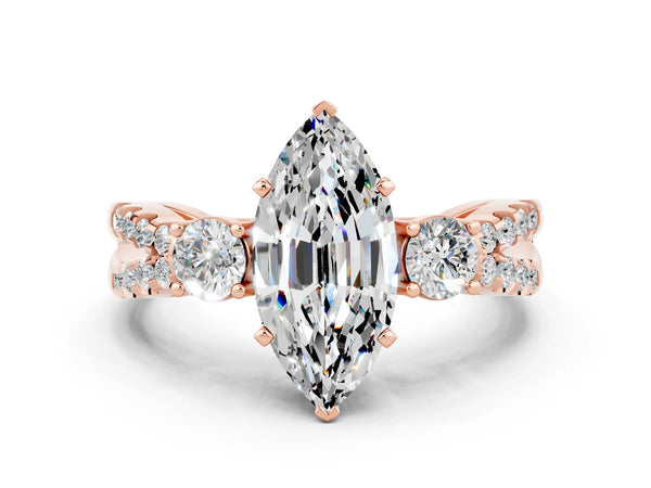 Rose gold Marquise Cut Moissanite Three-Stone Ring with Pavé Split Shank and Four-Prong Setting