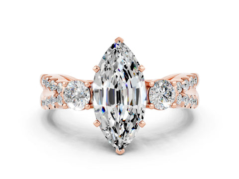 Rose gold Marquise Cut Moissanite Three-Stone Ring with Pavé Split Shank and Four-Prong Setting_12