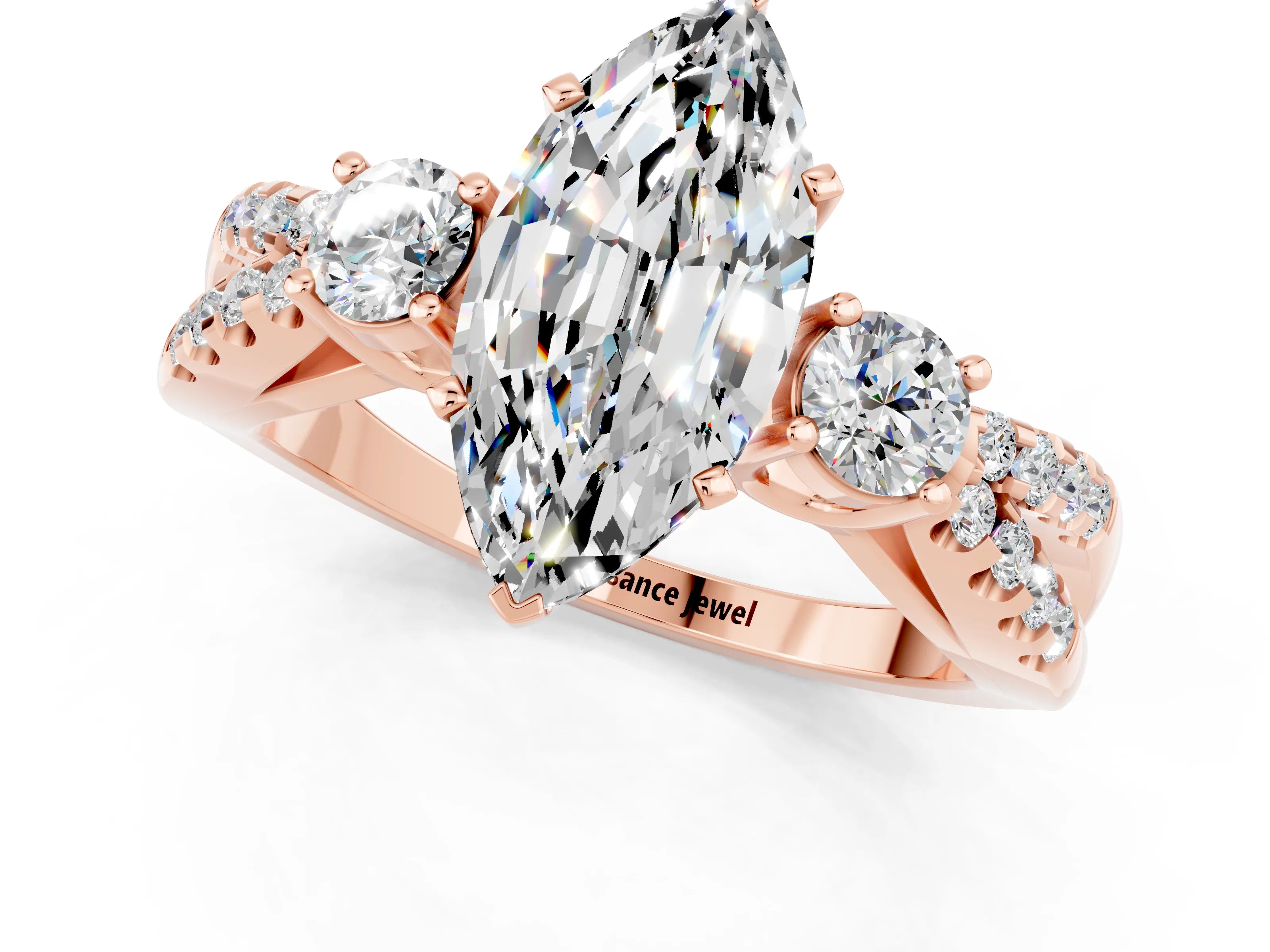 Rose gold Marquise Cut Moissanite Three-Stone Ring with Pavé Split Shank and Four-Prong Setting_13