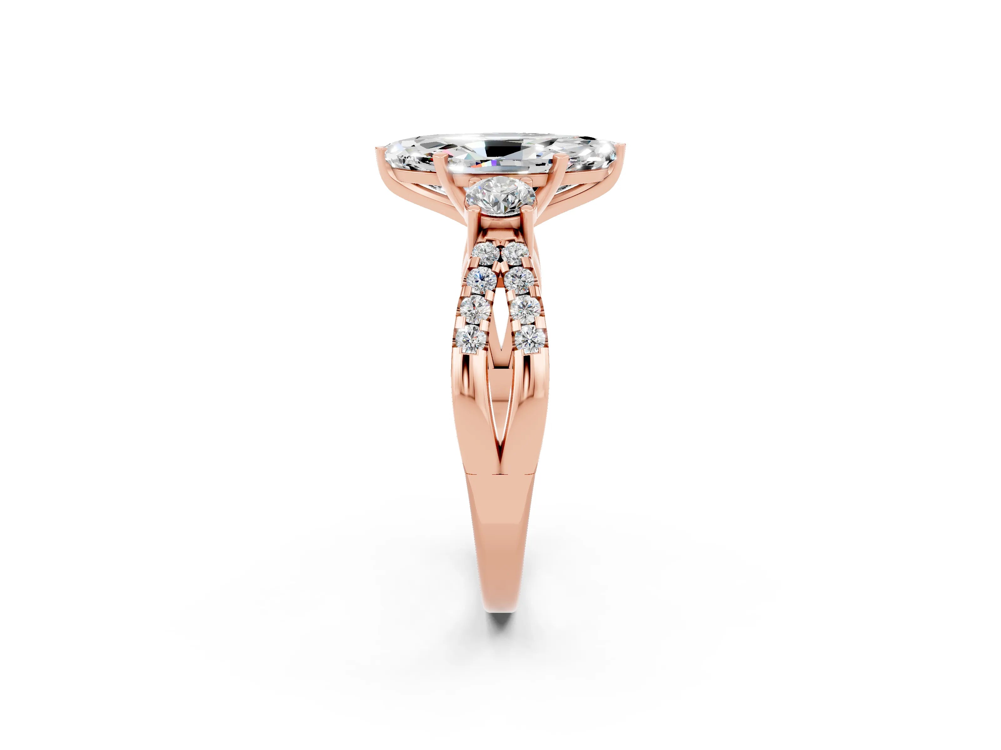 Rose gold Marquise Cut Moissanite Three-Stone Ring with Pavé Split Shank and Four-Prong Setting_14