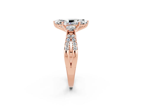 Rose gold Marquise Cut Moissanite Three-Stone Ring with Pavé Split Shank and Four-Prong Setting_14