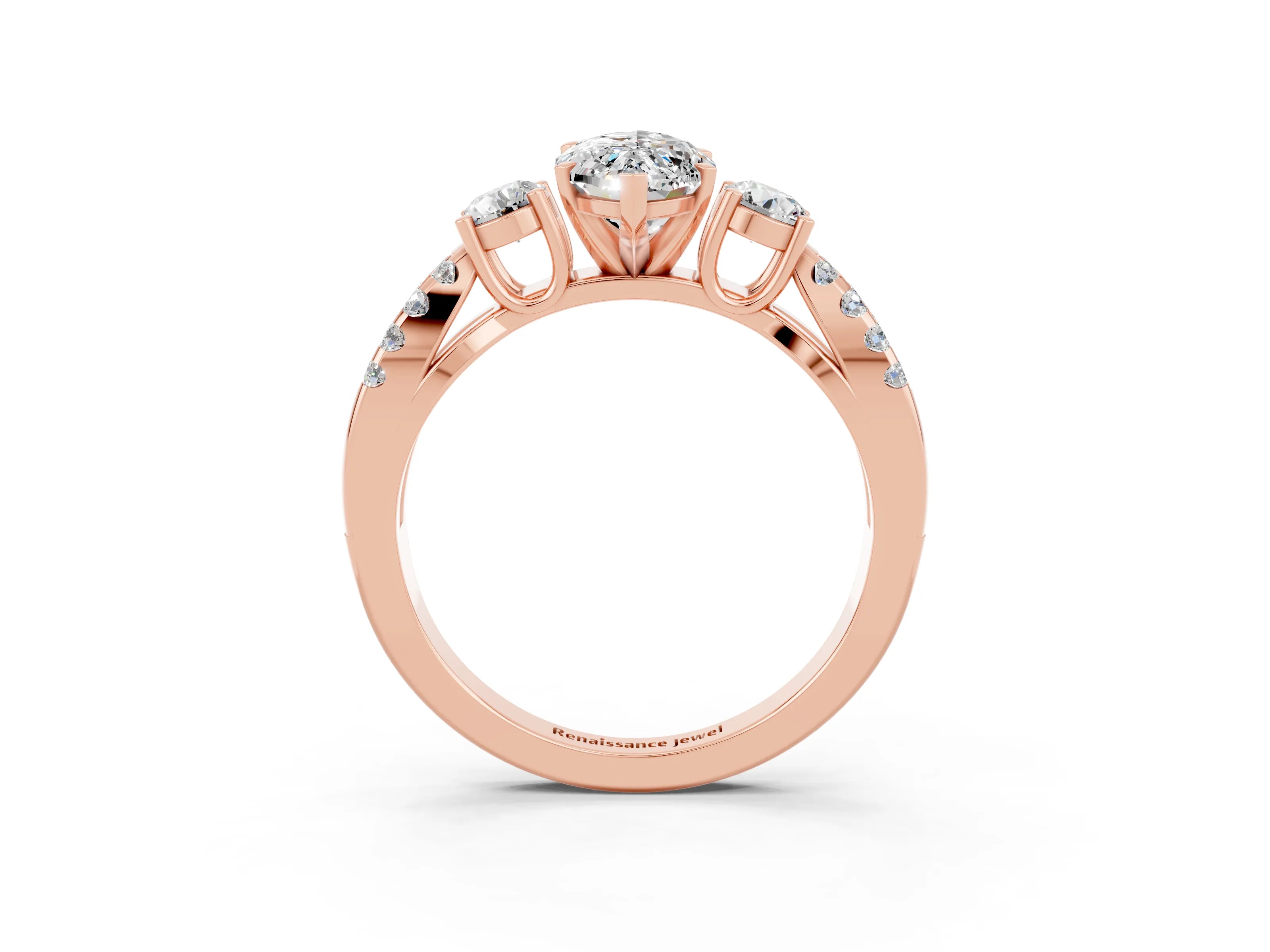 Rose gold Marquise Cut Moissanite Three-Stone Ring with Pavé Split Shank and Four-Prong Setting_15