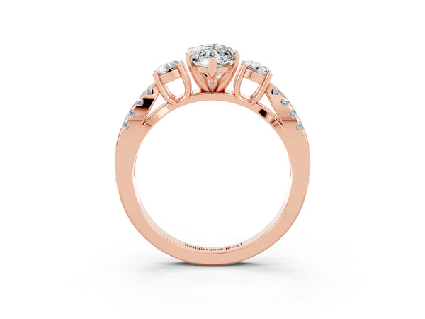 Rose gold Marquise Cut Moissanite Three-Stone Ring with Pavé Split Shank and Four-Prong Setting