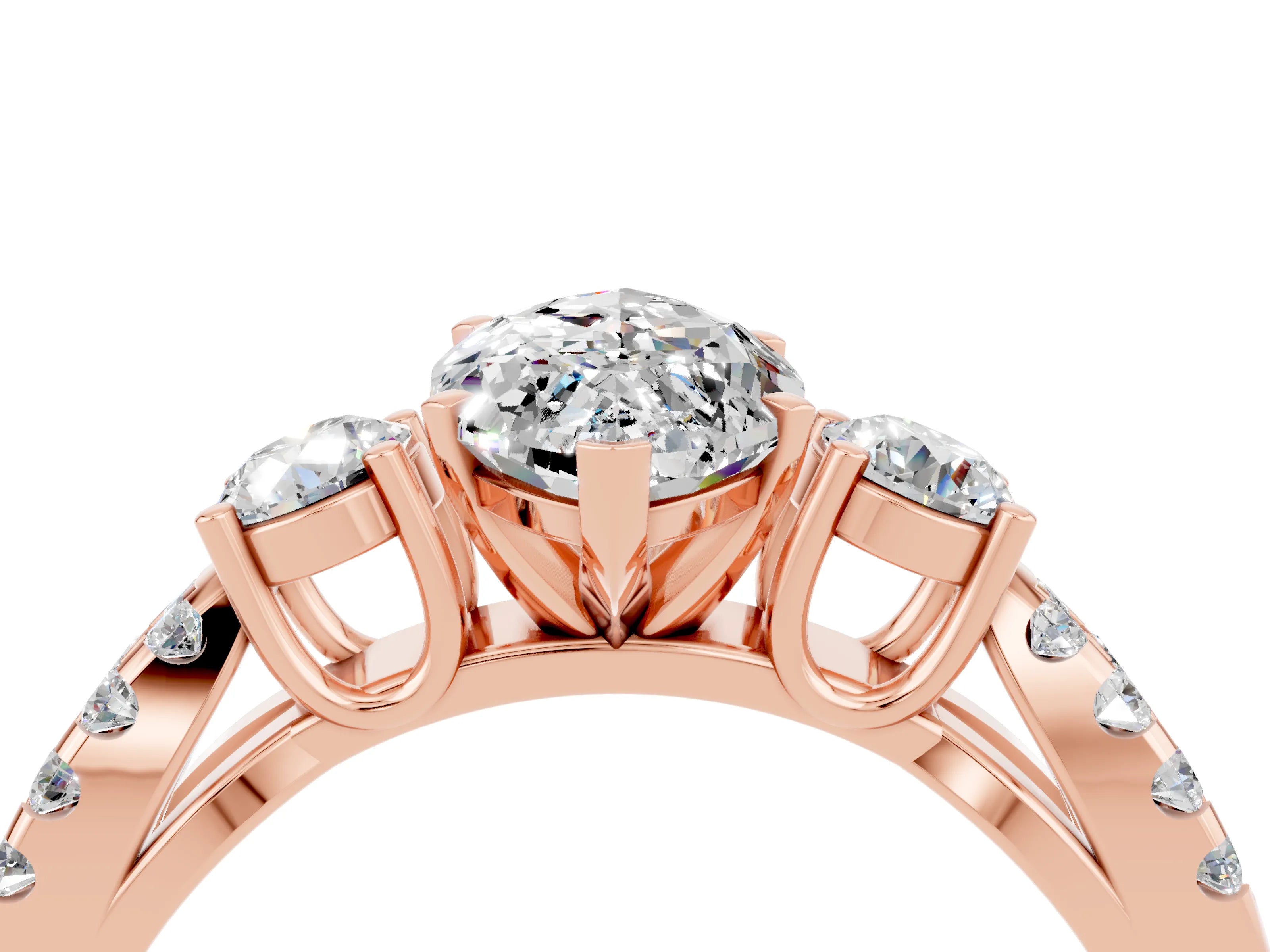 Rose gold Marquise Cut Moissanite Three-Stone Ring with Pavé Split Shank and Four-Prong Setting_16