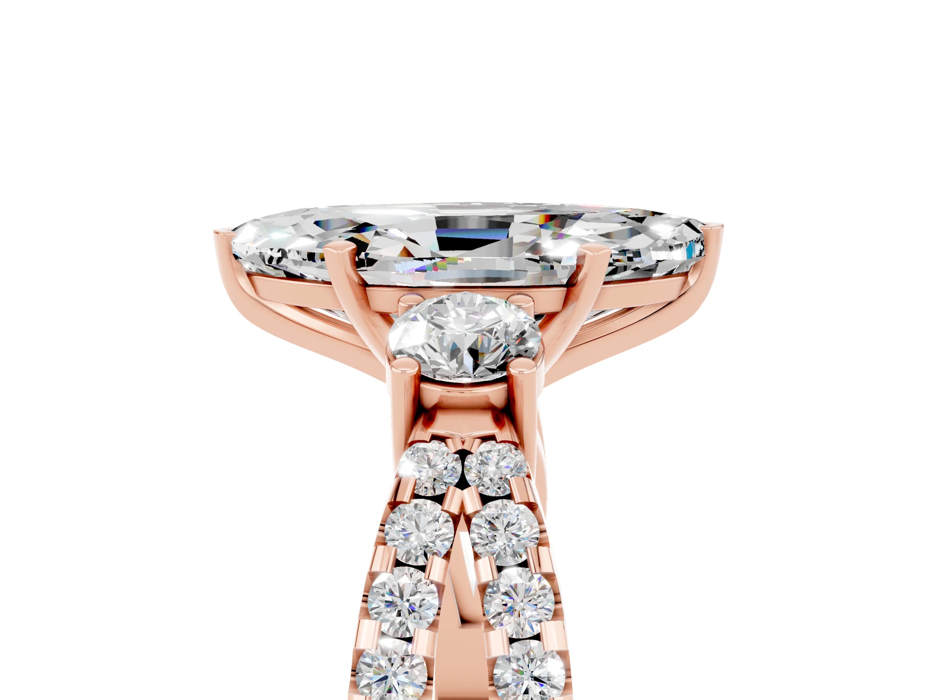 Rose gold Marquise Cut Moissanite Three-Stone Ring with Pavé Split Shank and Four-Prong Setting_17