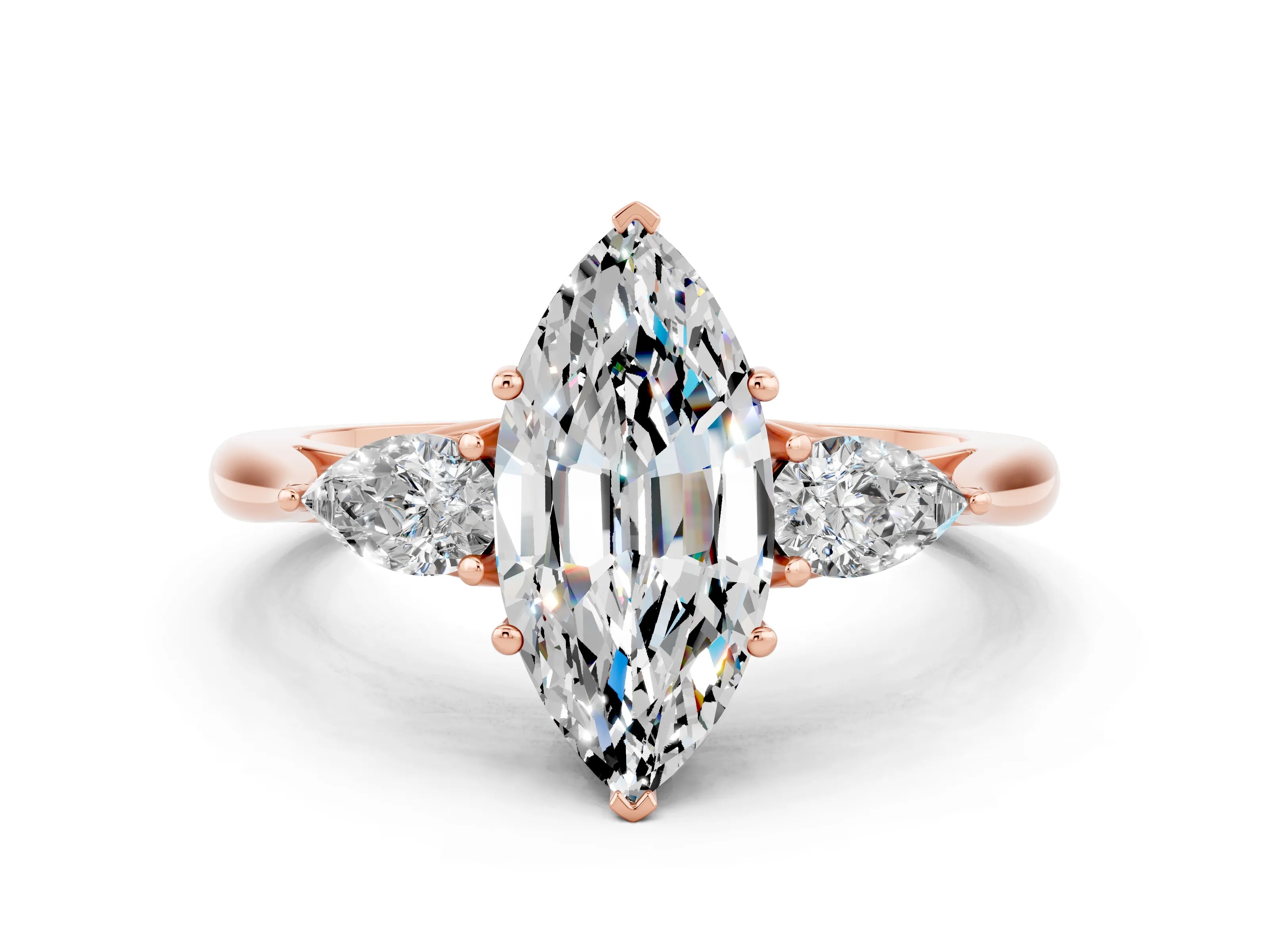 Rose gold Marquise Cut Moissanite Three-Stone Ring with Pear Side Stones and Four-Prong Setting_12