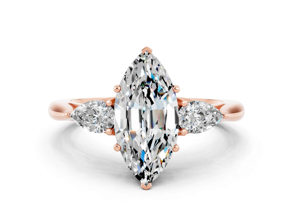 Rose gold Marquise Cut Moissanite Three-Stone Ring with Pear  Side Stones and Prong Setting