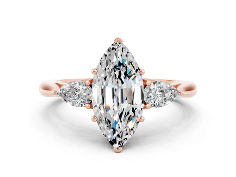 Rose gold Marquise Cut Moissanite Three-Stone Ring with Pear Side Stones and Four-Prong Setting_12