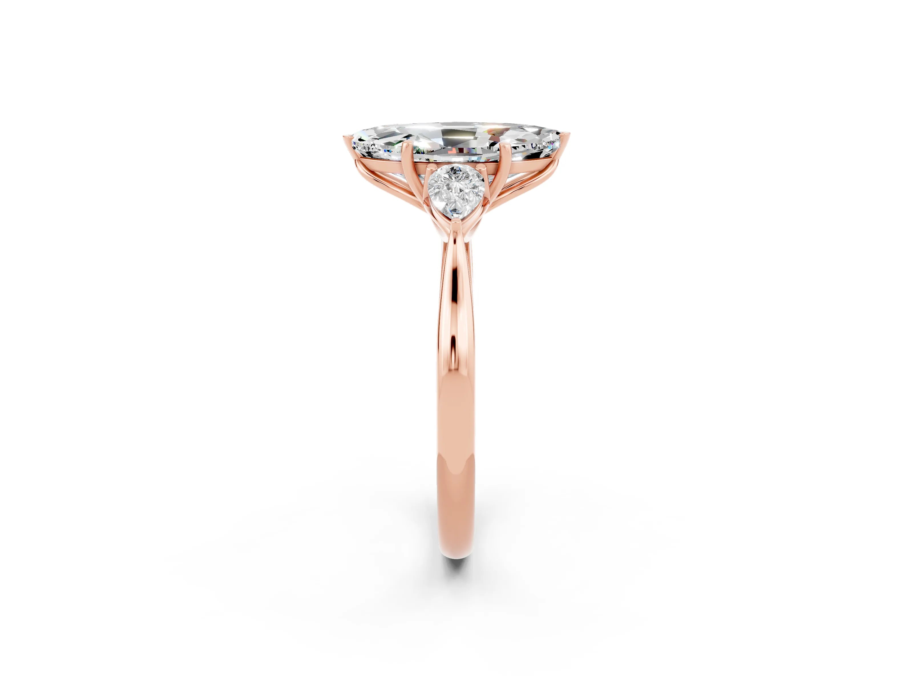 Rose gold Marquise Cut Moissanite Three-Stone Ring with Pear Side Stones and Four-Prong Setting_14