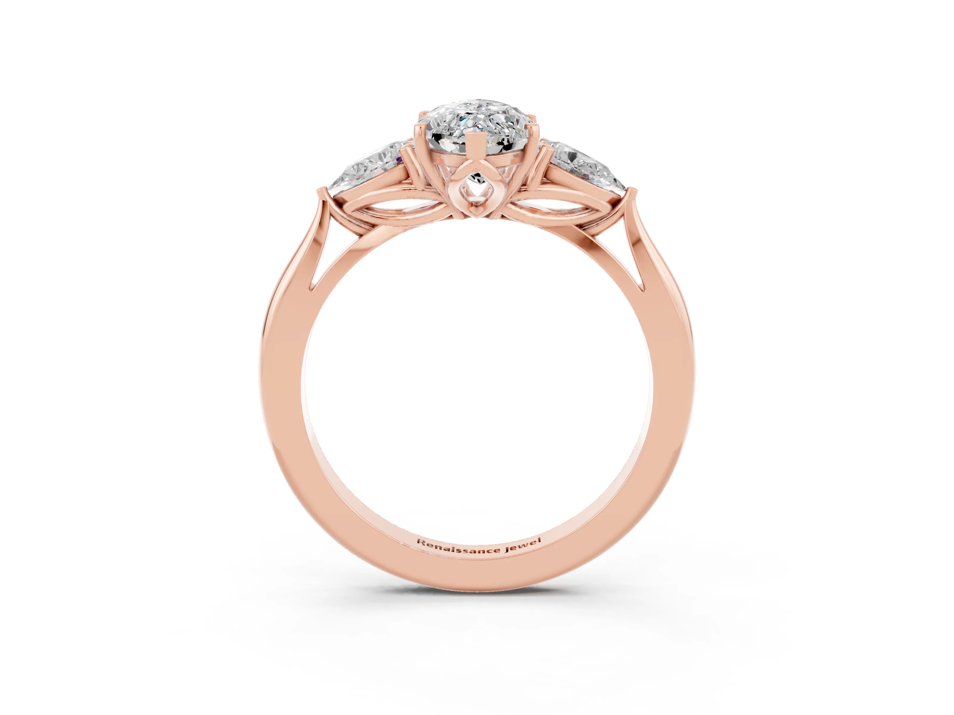 Rose gold Marquise Cut Moissanite Three-Stone Ring with Pear Side Stones and Four-Prong Setting_15