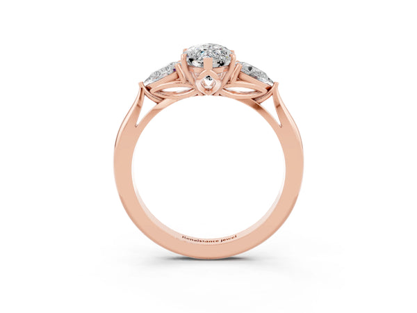 Rose gold Marquise Cut Moissanite Three-Stone Ring with Pear  Side Stones and Prong Setting