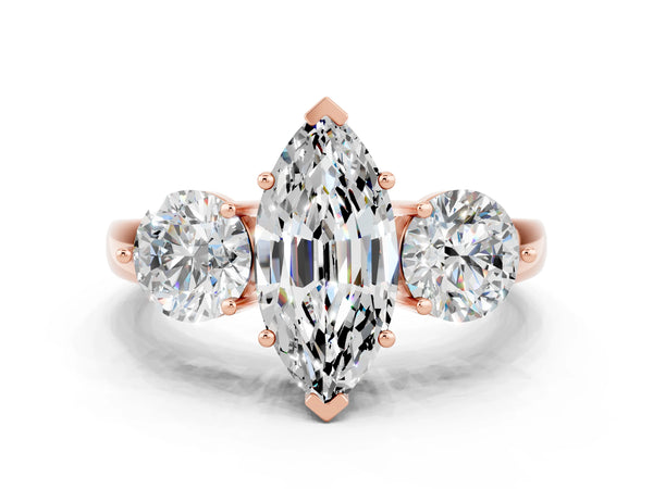 Rose gold Marquise Cut Moissanite Three-Stone Ring with Prong Setting and Classic Band